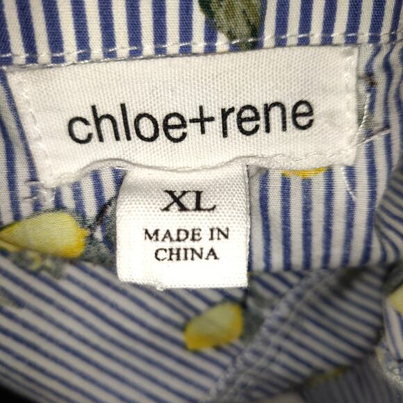 Chloe & Rene Blue Pinstripe Sleeveless Shirt Dress XL Lemon Print Cotton Belted - Picture 8 of 16
